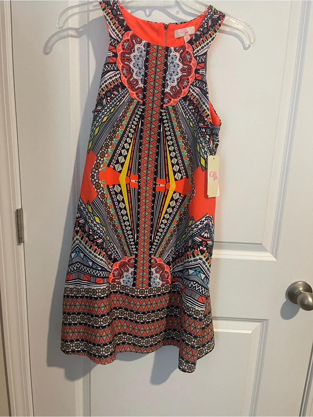 GB girls Coral and Multicolor Geometric Sleeveless Dress XL A Line Knee Length